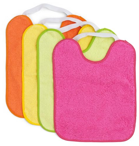 Ti TIN | Lot de 4 Bavoirs Imperméables Imprimés pour Bébés | Avec col en Caoutchouc Élastique | Avec Serviette en Éponge Doublée de Plastique | 24x31 cm