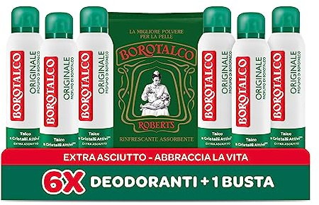 Borotalco, Deodorante Spray Originale e Talco in Polvere, Assorbe il Sudore, Senza Alcool, Pelle Asciutta e Protetta, Profumo Fresco e Agrumato, Deodorante Uomo e Donna - 6 Flaconi da 150 ml