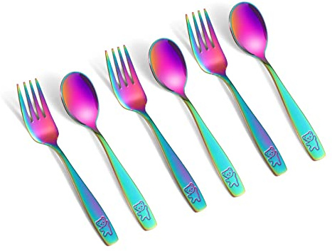 Pimoys 6 Pieces Toddler Utensils Kids Rainbow Silverware Stainless Steel Toddler Forks and Spoons Set, Metal Childrens Safe Flatware Child Cutlery Set, Dishwasher Safe
