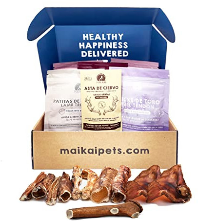 MAIKAI Hundeleckerlis für Hunde Natur im Pack - 100% natürliche Kauartikel + Barf-Diät - Hirschgeweih + Stiernerv + Rinderkopfhaut - Geschenk für Hunde - Ohne Zusätze