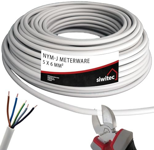 siwitec NYM-J 5x6 mm² Kabel, Mantelleitung, Installationskabel, Feuchtraumkabel in grau, exakt zugeschnittene Meterware in Profi-Qualität, Länge (aktuelle Auswahl) = 50 Meter