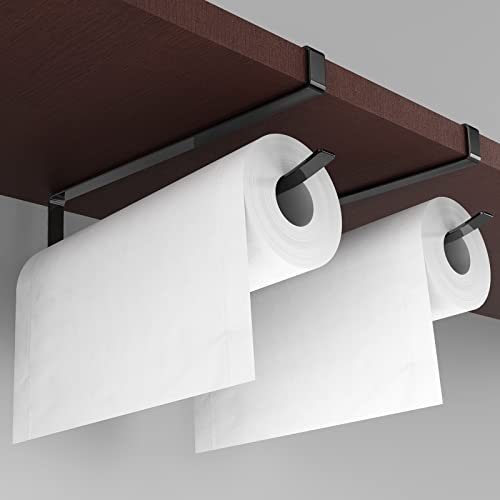 Paper Roll Holder, KIKISML 2 Pack Paper Towel Holder Cabinet Hanging Kitchen Roll Hanger Dispenser Storage Rack Towel Necktie Bedroom Toilet Organization Storage [No Drilling No Tool Required], Black