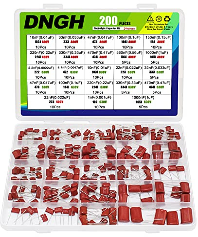 DNGH Polypropylenkondensator sortiment av metallpolyesterfilmkondensatorer sortiment400V 630V inkluderar 1uf 10nf 22nf 47nf 68nf 330nF 470nF 1uf (23 värden, 200 st)