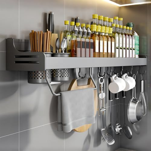 Hovoto Gewürzregal, Gewürzregal Hängend, GewürzregaleKüchenregal wand ohne Bohren, Gewürz Organizer mit Messerschlitz, Haken, Becher, Küchenregal Wand für Gewürze, grau, 60cm