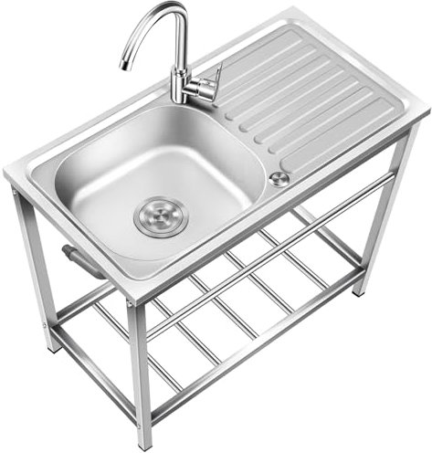 Grand Évier Cuisine 1 Bac avec Plate-Forme D'exploitation, Inox Autoportant avec Robinet et Support, Plonge Utilitaire pour Cuisine, Restaurant, Garage, Jardin