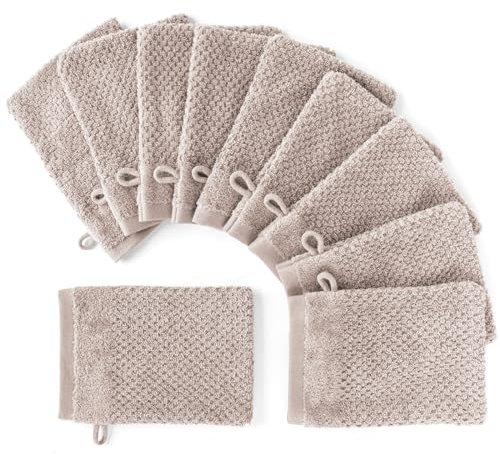 Pure Label 10-TLG. Waschhandschuh Set 16x21cm mit Anhängeschlaufe aus 100% Baumwolle, saugstark, weich und Oeko-TEX Zertifiziert - 10 Waschlappen aus Baumwolle, Stein - Taupe