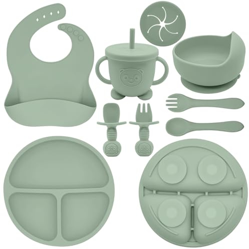Munlinder Silicone Baby Feeding Set | Baby Led Weaning Supplies Includes Suction Bowls and Divided Plates, Adjustable Bib, Baby Utensils Spoons and Forks,Cup | Baby Feeding Essentials (Light Green)