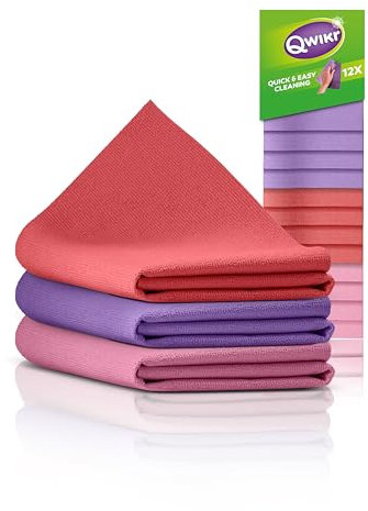 Qwikr Mikrofasertücher Küche 12 Stück Lila, Rot, Rosa – Reinigungstücher - Putztücher - Vorteilspackung – 21x21cm Größe - ideal für große Aufgaben - Mikrofasertücher - waschbar bei 60 Grad