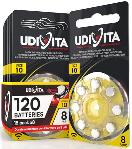 120 Batterie Per Apparecchi Acustici Auricolari Udivita Misura 10 PR70 (Gialle) Tecnologia Phono Pulse - 15 Blister da 8 Pile
