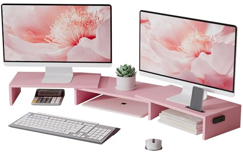 BONTEC Dual Monitor Stand Riser with Smartphone Holder, Adjustable Length & Swivel Angle, Ergonomic Wooden Desktop Organizer for PC Monitor, Laptop, Printer, Large Storage, Pink