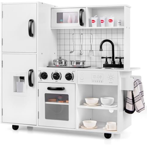 COSTWAY Kids Wooden Kitchen, Pretend Play Kitchen with Lights & Sounds, Realistic Oven, Sink, Utensils, Children Cooking Role Playset for 3+ Years Old (White+Black)