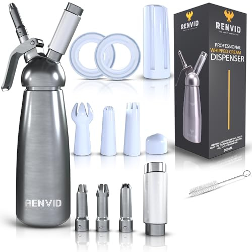 Professional Whipped Cream Dispenser–500mL Aluminium Whip Maker Canister with 2 Sets of Stainless Steel & Plastic Tips, Cleaning Brush & Mesh Storage Bag–Leak-Proof & Easy to Use for Homemade Desserts