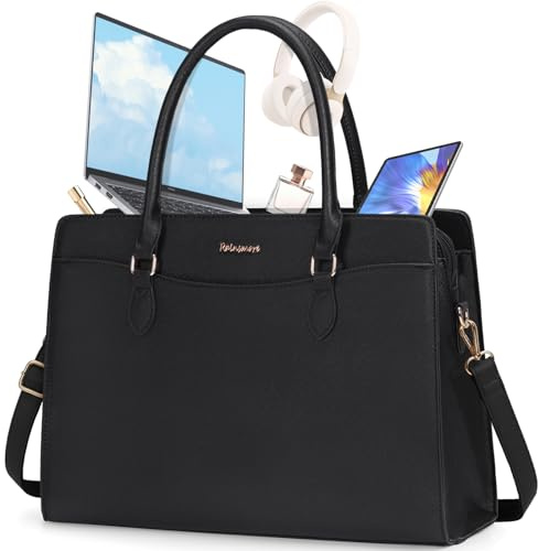 RAINSMORE Laptop Bags for Women 15.6 Inch Ladies Work Bag PU Leather Designer Laptop Handbag Large Laptop Tote Bag for School Computer Business Travel Black
