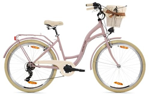 Goetze Mood 26 Zoll Jugendfahrrad, 17 Zoll Tiefeinsteiger Aluminiumrahmen, 6-Gang Kettenschaltung, doppelte V-Bremsen, LED-Beleuchtung, Rattankorb, Komfortsattel, mit Seitenständer & Klingel