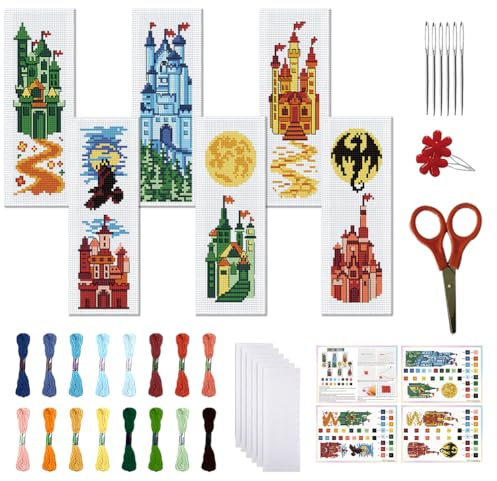 FREEBLOSS Juego de 6 juegos de punto de cruz, kit de punto de cruz, juego de bordado, marcapáginas, punto de cruz, juego de bordado para principiantes, punto de cruz, imágenes de punto de cruz, para