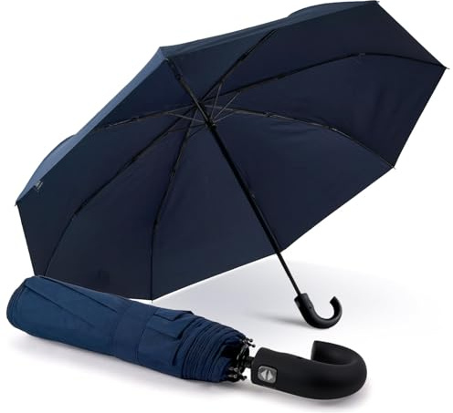 PERLETTI Paraguas Plegable Hombre Abre y Cierra Automático - Paraguas Antiviento Resistente Azul - Paraguas Cortaviento Ligero de Viaje con Mango Curvado - Diámetro 118 cm (Mango Curvado Azul)