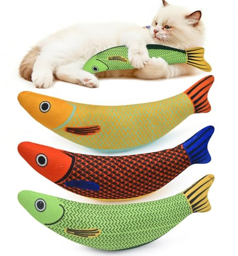 flowerstarry Catnip Toys for Cats, 3 Pcs Catnip Fish Toy Saury Cat Toys, Crinkle Sound Toy for Indoor Adult Kitten, Interactive Plush Toy for Cat Chew Scratch for All Breeds