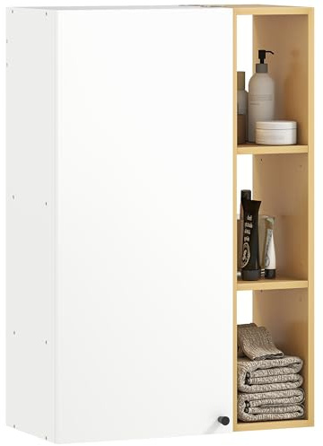HOMCOM Mobile Bagno a Parete con Ante Soft Close, Mobiletto Bagno Sospeso con Armadietto con Ripiani Regolabili e 3 Mensole Aperte, per Soggiorno Salotto, 59.5x30x90 cm, Bianco e Color Legno