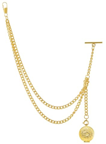Tiong Gold/Silver Men's Pocket Watch Chain with Locket Pendant Vintage Albert Chain with Lobster & T-Bar Clasp Watch Chains Link Waistcoat/Suit for Your Pocket Watches