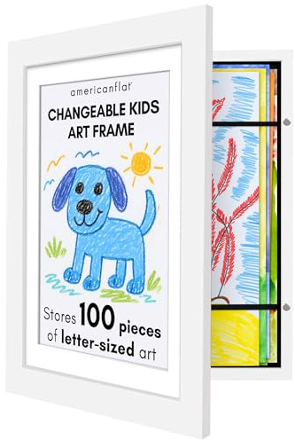 Americanflat Marco Dibujos Infantiles A4 en Blanco - Cuadro de Almacenamiento para Niños para 100 Unidades, Proyectos de Arte, Puzzles y Fotos - Madera de Ingeniería con Vidrio Resistente
