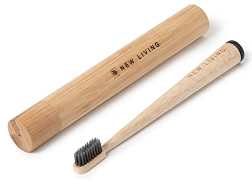 Bambu tandborste och hållare | Bambu bärväska med medföljande stående bambutandborste | Biograderad ekologisk produkt | 21 cm naturlig produkt, Brun, Skönhetsväska
