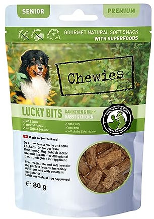 Chewies Lucky Bits Kaninchen & Huhn Senior Hundeleckerli - Hunde-Leckerlis getreidefrei & Soft mit viel Protein und Superfoods wie Bierhefe oder Ginkgo, ohne Zucker (80 g)