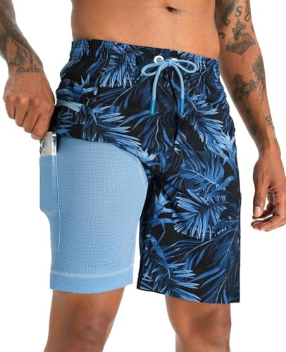 APTRO 2 in 1 Men's Swim Trunks 9 with Zipper Pockets Bathing Suit Built-in Board Shorts Swimwear Long Shorts Palm Blue L
