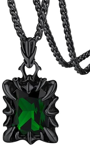 FaithHeart Gothic Claw Necklace for Men, Retro Style Green Emerald Stone Pendant Strong Link Chain Durable Clasp, Male's Gifts for Birthday Christmas