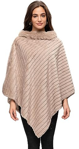 GLAMEXX24 Poncho da donna elegante mantello invernale con scollo rotondo, mantello spesso in calda pelliccia lavorata a maglia, sabbia, Taglia unica