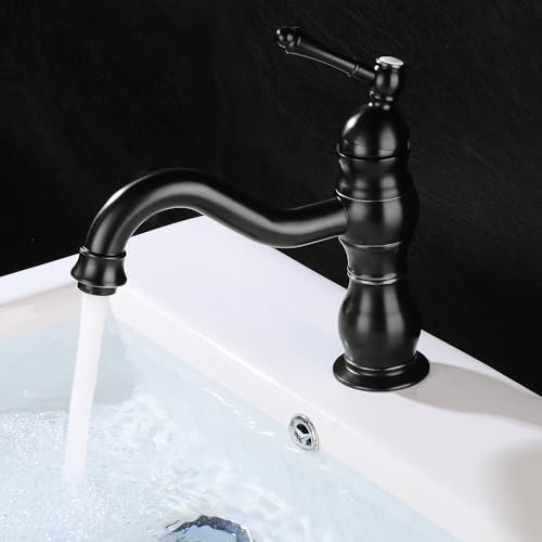 Retro Waschtischarmatur Schwarz Matt Mischbatterie Waschbecken Niederdruck Armatur Bad Einhebelmischer Waschbecken Armaturen aus Messing Wasserhahn für Badezimmer, Kaltes und Heißes Wasser Vorhanden