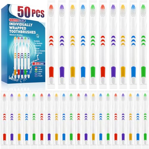 Navona 50 PCS Premium Individually Wrapped Bulk Toothbrush Pack, Disposable Toothbrushes, Kids Toothbrush, Medium Soft Bristle Toothbrushes, Ergonomics Handle, Perfect for Travel Hotel Donation