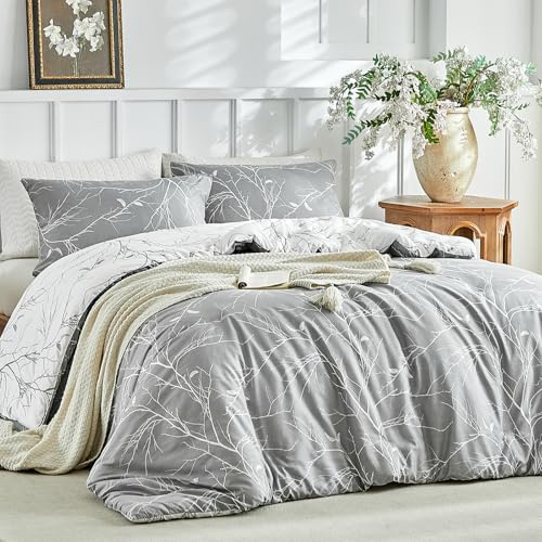 Lekesky Super King Duvet Set - Superking Bedding Set Reversible - Plants Design Microfible Duvet Sets with Tiers Zipper (1 Comforter Cover 260x220cm +2 Pillow Cases), Grey
