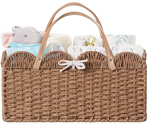 HBlife Large Baby Diaper Caddy, Paper Rope Storage Baskets Nursery Bin with Removable Divider, Portable Car Organizer for Diapers, Baby Shower Gifts, Newborn Essentials Must Haves