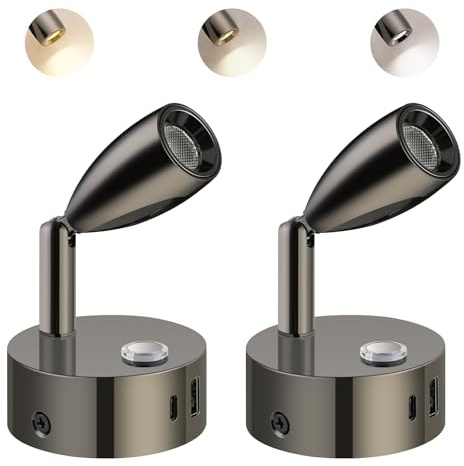 ERWEY 2 delar DC 12V läslampa husbil väggfäste, LED-sänglampa touch dimbar & 3 färgtemperaturlägen och USB A + C laddningsport för båt bil husbil van yacht husvagn, glansig svart