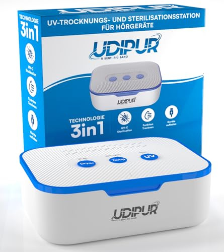 Station multifonctionnelle Udipur pour appareils auditifs 3en1 Séchage Stérilisation UV et chargement USB type C Température Max 50°C Dimensions 110x90x40mm