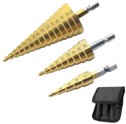 FUZVOL 3 PCS HSS Step Drill Bits,Drill Bit Set,High Speed Steel-4 to12/20/32 mm-Hex Shank Metric Drill Bits,Drill Bit Cone Hole Cutter Tools for Stainless Wood Metal Plastic Sheet