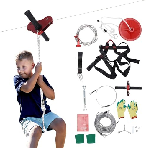 Zipline Kit for Kids and Adult Up to 330lbs Outdoor Quick Set up Zipline, Spring Brake and Safety Harness, Playground Entertainment 160ft Stainless Steel Ziplines for Outdoor