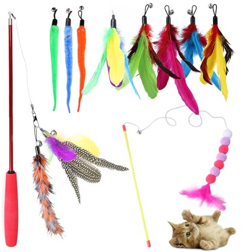 Zyluniy 12 Pièces Jouet Chat Interactif, Interieur Jouets pour Chats avec 2 Canne à Pêche Rétractable pour Chaton, Plumes de Remplacement avec Cloche, Jouets Intelligence Chat Baguette