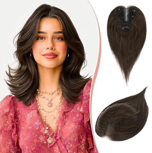 RUWISS Topper in Capelli Veri per Donna Castano Scuro con 15% di Biondo Cacao Scuro Posticcio Leggero con Clip per Diradamento Capelli Liscio Senza Frangia
