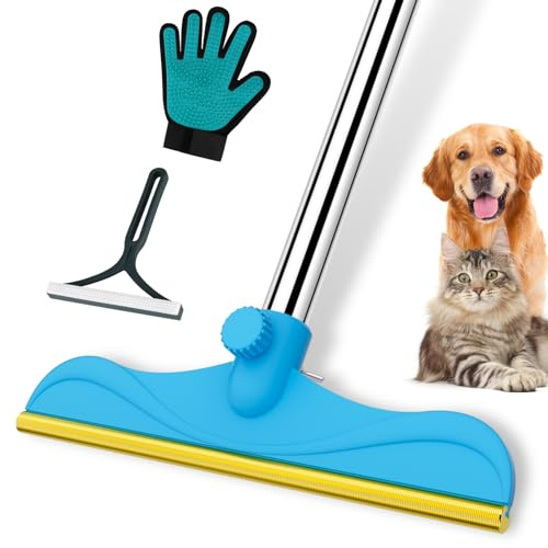WOSWOK 3 in 1 Carpet Rake for Pet Hair Removal, 60” Adjustable Long Handle Pet Hair Remover, Tool Set of 3, Reusable Carpet Scraper Dog Cat Pet Hair Removal Broom for Carpets, Car Mat, Pet Bed, Rugs