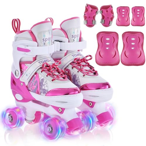 TOMSHOO Patins à roulettes Fille, Roller Enfant Fille avec LED Lumineuse Roues, Rollers Quad Enfant Taille Réglable, pour Débutants Enfants Cadeau