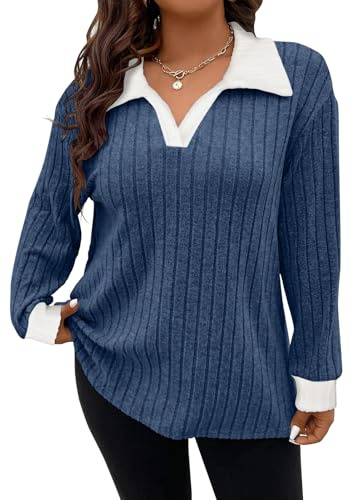 Gemulate Ladies Plus Size Knitwear Long Sleeve Casual Tops Smart Jumpers Ladies Longline Tunic Woman Lightweight Jumpers v Neck Basic Tops BlueWhite XXL