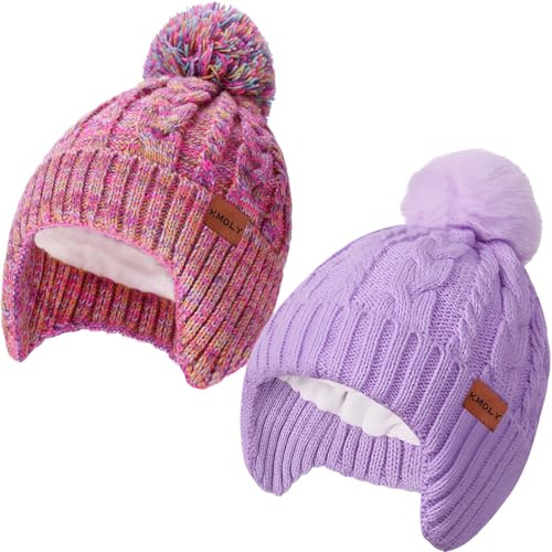 KMOLY Kids Toddler Winter Hat 2PCS,Thick Warm Beanie with Pom Pom Fleece Lined Earflap Knit Hat for Boys Girls Children (US, Alpha, One Size, Mix Rainbow+Purple)