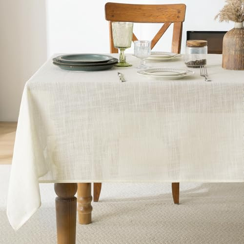 FIBORIA Nappe Rectangulaire Tissu épais Effet Lin 140x240 cm Beige 300 g/m² Nappes Déperlant Lavable Protection de Table pour Extérieur,Printemps,Paques,Jardin,Anniversaires,Picnic,Fête