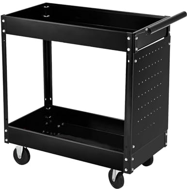 2 Tiers Garage Tool Trolley with Pegboard-Heavy Duty 300lbs Rolling Tool Cart on Wheels, Utility Tool Storage Organizer for Garage, Workshop & Warehouse