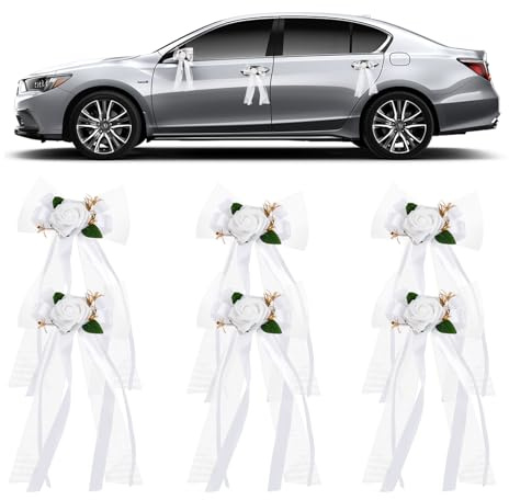 Granvoo Set de 6 Decoración Coche Boda, Flores Artificiales con Lazo de Cinta, Adornos para Manija de Puerta y Espejo Retrovisor, Decoración Floral para Coche de Boda, Fiesta y Ceremonia