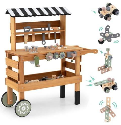 GYMAX Wooden Kids Workbench, 2-in-1 Children Tool Bench with Canopy, Wheels and Toy Tools Set, Pretend Play Work Bench for 3 Years Old+ | 2-in-1 Children Tool Bench with Canopy, Wheels and Toy Tools Set, Pretend Play Work Bench for 3 Years Old+
