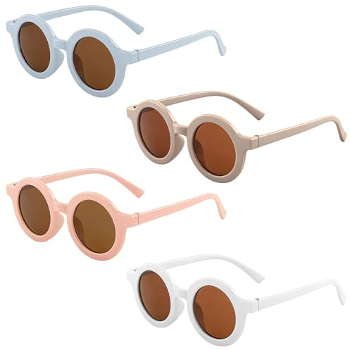 Fantasyon Lot de 4 paires de lunettes de soleil rondes pour enfants de 1 à 8 ans, protection UV400, lunettes de soleil rondes rétro avec monture flexible