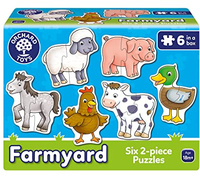 Orchard Toys Farmyard Jigsaw Puzzles, Six Puzzles in a box, 2-Piece Puzzles For Toddlers Ages 18mths +, First Puzzle, Develops Hand-Eye Coordination