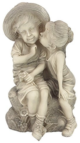Design Toscano Baisser Enfants Fille et Garçon Statue De Décor De Jardin, 35.5 cm, polyrésine, pierre antique